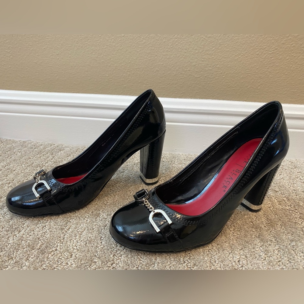 White House Black Market round toe block heels, metal details. 3 1/2 inch heel.